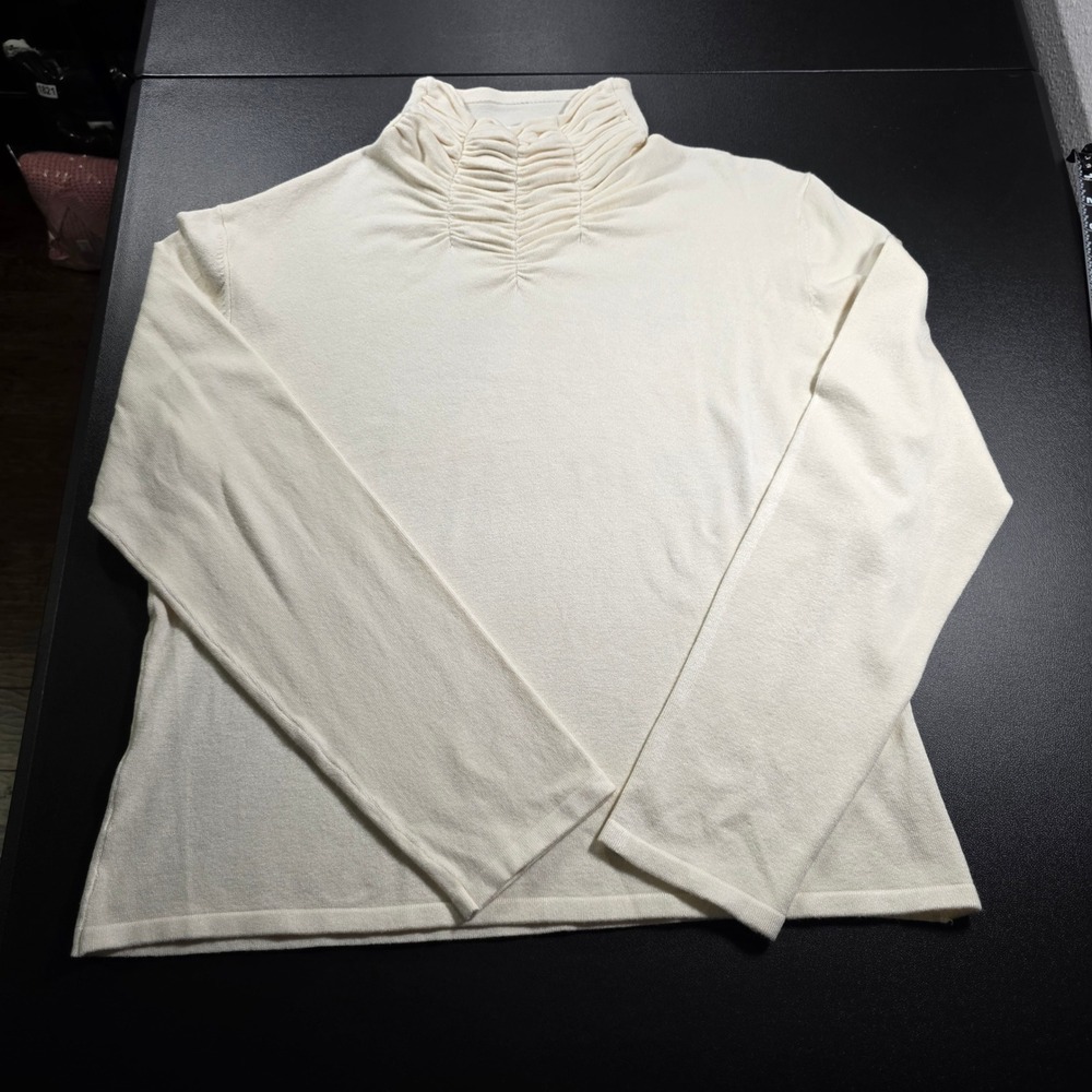 Norm Thompson Womens Cream Ruched Mock Neck Long Sleeve Knit Sweater Top Large